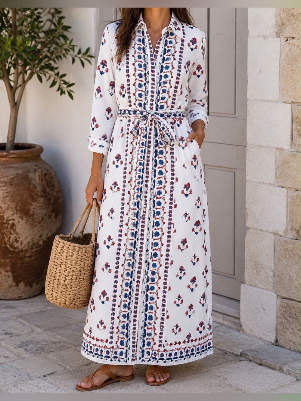 Magaschoni 100% Linen Floral Maxi Shirt Dress Belted Size XS NWOT